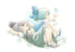  2girls arms_behind_head bloomers blue_eyes blue_hair bow cirno frog grass hair_bow ice juggling konpaku_youmu lying mary_janes multiple_girls ohyo on_back profile shoes short_hair silver_hair sitting socks touhou upskirt wings 