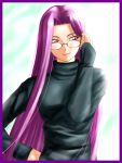  fate/stay_night fate_(series) glasses long_hair purple_eyes purple_hair rider smile sweater very_long_hair violet_eyes 