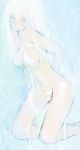 breasts kneeling large_breasts long_hair original saibashi solo swimsuit swuimsuit underboob water wet white_eyes white_hair 