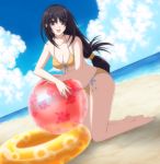  ball beach beachball bikini black_eyes black_hair blush cloud clouds dutch_angle hachino_832 innertube kneeling long_hair original swimsuit 