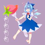 barefoot blue_eyes blue_hair bow cirno feet food fork fruit highres mirugin oversized_object short_hair strawberry touhou wings 