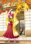  cat hieda_no_akyuu japanese_clothes kimono nanami_sano purple_hair scroll socks stretch touhou wink 