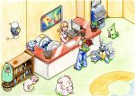  1boy 1girl bellossom book bookshelf chansey cherubi computer diamond_(pokemon) drifloon flower larvitar nintendo oddish otsuru_(artist) piplup poke_ball pokemon pokemon_(creature) poliwag slowpoke technology wartortle wooper 