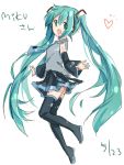  1girl boots dated detached_sleeves green_eyes green_hair hatsune_miku headphones long_hair necktie open_mouth skirt solo thigh_boots thighhighs twintails very_long_hair vocaloid white_background 