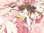  bad_id bow brown_hair cherry_blossoms detached_sleeves flower hair_bow hakurei_reimu hands_clasped hands_on_own_chest hinayuki_usa long_hair petals solo touhou yellow_eyes 