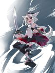  armpits bare_shoulders chiba_tsuru detached_sleeves fang flat_chest geta hat inubashiri_momiji open_mouth shield short_hair skinny smile sword tail tengu-geta toeless_socks tokin_hat touhou weapon white_hair wolf_ears wolf_tail 