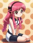  1girl awa bike_shorts black_bike_shorts blush braid dress hairband kanamemo kujiin_mika long_hair pink_hair polka_dot red_eyes sitting solo 