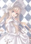  absurdres bare_shoulders blonde_hair blue_eyes bonnet checkered checkered_background detached_sleeves elbow_gloves gloves head_tilt highres jewelry konoe_ototsugu lolita_fashion looking_at_viewer pearl_necklace smile solo sweet_lolita white_gloves 