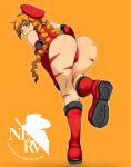  bad_id beret cammy_white cammy_white_(cosplay) cosplay hat kosame_daizu looking_back neon_genesis_evangelion nerv orange_hair rebuild_of_evangelion shikinami_asuka_langley simple_background solo souryuu_asuka_langley street_fighter 