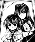  blush kanon long_hair mirror misaka_kaori misaka_shiori monochrome na_mizuumi school_uniform short_hair 