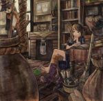  barefoot between_toes book bookshelf boots brown_eyes brown_hair cape cat fantasy feet flask hat highres magic nail_polish one_thighhigh original pen pot room rope salamander_(artist) scroll single_shoe single_thighhigh striped striped_legwear striped_thighhighs thigh-highs thighhighs toenail_polish toes witch witch_hat writing 