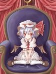  bat_wings between_thighs blue_hair blush chair curtains hat highres mary_janes momokumo red_eyes remilia_scarlet shoes short_hair sitting touhou v_arms wariza wings 