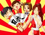  &gt;_&lt; arcana_heart banana bcg blush_stickers breasts brown_hair chibi cleavage crossover eileen fan fang food fruit highres king_of_fighters konoha konoha_(arcana) ling_xiaoyu namco pleasure-treasure ponytail rising_sun sega shiranui_mai snk tekken virtua_fighter virtua_fighter_5 wink x3 