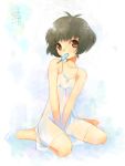  akizuki_ryou barefoot black_hair brown_eyes covering covering_crotch crossdressing dress ech idolmaster idolmaster_dearly_stars idolmaster_ds male mouth_hold popsicle short_hair sitting solo sundress trap v_arms 