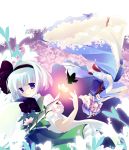  flower flying ghost glowing hairband hat hitodama katana konpaku_youmu konpaku_youmu_(ghost) myon natsume_eri pink_hair purple_eyes saigyouji_yuyuko short_hair silver_hair sword touhou upside-down weapon white_hair 