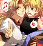  blonde_hair breasts green_eyes grin horn horns hoshiguma_yuugi large_breasts long_hair mizuhashi_parsee multiple_girls musical_note open_clothes pointy_ears red_eyes rex_k short_hair sleeveless smile touhou wink 