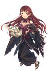  cleavage dress fingerless_gloves gloves katou_akatsuki large_breasts long_hair red_hair redhead sandals simple_background treasure_chest 