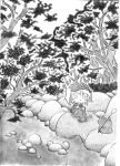  :x forest kappa kawashiro_nitori monochrome nature o_o penguin river soyanrai touhou traditional_media 