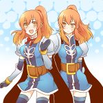  armor cape chastel_aiheap gloves hisuka_aiheap long_hair lowres multiple_girls ponytail red_hair redhead shastere_aiheap siblings sisters smile surcoat tales_of_(series) tales_of_vesperia twins yellow_eyes 