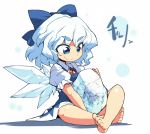  barefoot blue_eyes blue_hair bow cirno crossover eyebrows feet hair_bow ice metroid metroid_(creature) short_hair smile touhou wings 
