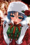  blue_eyes blue_hair blush breath christmas christmas_lights flower gift gloves hat holding holding_gift king_of_fighters leona_heidern lights open_mouth ribbon rose sakura_mafumi tree 