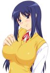  black_hair breasts impossible_clothes impossible_shirt kurusugawa_ayaka large_breasts long_hair school_uniform shichimenchou shirt simple_background sweater_vest to_heart vest 
