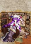  bespectacled book bookshelf crescent cup dress glasses grey grey_eyes hair_ribbon hat library long_hair magic_circle mouse mouse_ears mouse_tail nazrin patchouli_knowledge purple_eyes purple_hair reading ribbon sitting tail teacup touhou violet_eyes voile yuuki._(limit) 