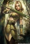  blonde_hair breasts cleavage eat green_eyes lips long_hair original sword watermark weapon 