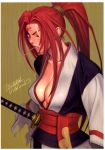  amputee angry baiken breasts cleavage clenched_teeth erect_nipples facial_mark forehead_mark guilty_gear haori highres japanese_clothes kataginu large_breasts lips lipstick long_hair looking_at_viewer looking_back no_bra obi one-eyed open_clothes open_shirt payot ponytail profile red_eyes red_hair red_lipstick samurai scan scar scrunchie sheath shirt signature solo standing sword torn_clothes tsukasa_jun weapon wide_sleeves 