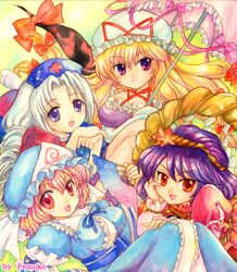  blonde_hair bow gap hair_bow hat long_hair pemoko pink_eyes pink_hair purple_eyes purple_hair red_eyes ribbon saigyouji_yuyuko short_hair silver_hair touhou umbrella yagokoro_eirin yakumo_yukari yasaka_kanako 