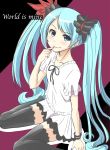  1girl absurdres blue_eyes blue_hair bracelet copyright_name hatsune_miku highres jewelry long_hair nail_polish sitting solo thighhighs twintails very_long_hair vocaloid wariza world_is_mine_(vocaloid) 