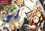  1girl bare_shoulders bow cover cover_page detached_sleeves green_hair hair_bow kochiya_sanae lantern_festival long_hair navel snake solo torii touhou yellow_eyes 