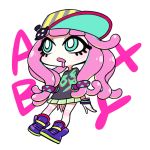  1girl aqua_eyes baseball_cap bracelet bright_pupils chan_co chibi drooling eyelashes fish_hair_ornament glenna_nalira green_skirt hair_ornament hat jewelry long_hair miniskirt open_mouth pink_hair pleated_skirt saliva short_sleeves simple_background skirt solo splatoon tentacle_hair white_background 