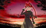  1girl bow braid cat_tail hair_bow highres kaenbyou_rin long_hair open_mouth red_eyes redhead solo sunset tail touhou twin_braids zuttokodomo 