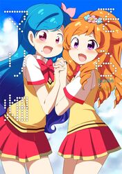  2girls aikatsu! blue_hair blush character_name cover cover_page eromame himesato_maria holding_hands kazesawa_sora looking_at_viewer mole mole_under_mouth multiple_girls open_mouth orange_hair pink_eyes violet_eyes 