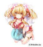  1girl akira_(natsumemo) ball barefoot beachball bikini blonde_hair bracer breasts cleavage flower hair_flower hair_ornament large_breasts looking_at_viewer simple_background solo swimsuit thigh_strap twintails white_background yellow_eyes 