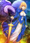  1girl aqua_eyes blonde_hair breasts cape_removed cleavage fate/stay_night fate_(series) full_moon highres holding_sword holding_weapon looking_at_viewer moon saber solo zucchini 