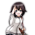 1girl :d black_hair black_skirt blush grey_eyes gym_shirt hayasui_(kantai_collection) highres kantai_collection looking_at_viewer miniskirt open_mouth pleated_skirt salute shirt short_hair simple_background skirt smile solo tk8d32 track_jacket upper_body white_background 