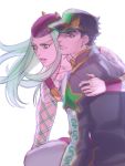  arm_around_shoulder fishnets green_eyes green_hair hat jojo_no_kimyou_na_bouken kuujou_joutarou long_coat long_hair narciso_anasui purple_hair reammara yellow_eyes 