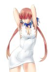  1girl armpits arms_up breast_lift breasts cleavage_cutout contrapposto cosplay dress dungeon_ni_deai_wo_motomeru_no_wa_machigatteiru_darou_ka hair_over_eyes hair_ribbon hestia_(danmachi) hestia_(danmachi)_(cosplay) king_of_fighters large_breasts long_hair redhead rei_no_himo ribbon sage_takeda shermie short_dress sideboob skindentation solo split_ponytail white_dress 