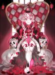  1girl alice_in_wonderland bowtie braid covered_navel crown fingerless_gloves gloves leotard looking_at_viewer nail_polish original parted_lips pink_hair piyo_(ppotatto) red_eyes red_nails sitting skull-shaped_pupils smile solo thigh-highs throne white_legwear 