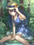 1girl black_hair collarbone dress feet_in_water hat leaf long_hair love_live!_school_idol_project miazi mouth_hold nature sitting sleeveless sleeveless_dress smile soaking_feet solo sonoda_umi water yellow_eyes 