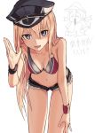  2girls :d adapted_costume bikini_top bismarck_(kantai_collection) blonde_hair blue_eyes breasts cleavage cutoffs hat kantai_collection leaning_forward long_hair looking_at_viewer multiple_girls open_mouth peaked_cap prinz_eugen_(kantai_collection) short_shorts shorts simple_background smile solo_focus translation_request wanosuke white_background wristband 