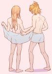  2boys blonde_hair from_behind hiwakana6121 male_focus midare_toushirou multiple_boys naked_towel open_towel orange_hair touken_ranbu towel urashima_kotetsu 