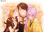  3boys black_hair blue_eyes blush clenched_teeth closed_eyes facial_hair green_eyes grin hachisuka_kotetsu hair_over_one_eye hiwakana6121 male_focus multiple_boys nagasone_kotetsu one_eye_closed orange_hair ponytail purple_hair smile stubble touken_ranbu urashima_kotetsu v 