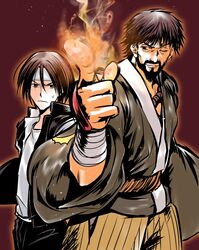  2boys back-to-back black_hair brown_hair father_and_son fire gakuran hakama headband japanese_clothes kagehi_no_loo king_of_fighters kusanagi_kyou kusanagi_saishu multiple_boys school_uniform 