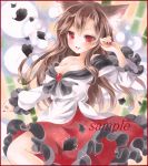  1girl animal_ears bamboo bamboo_forest blush breasts brooch brown_hair cleavage collarbone dress fingernails forest imaizumi_kagerou jewelry long_hair long_sleeves looking_at_viewer nature open_mouth potto_(minntochan) red_eyes sample solo touhou traditional_media wolf_ears 