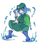  1girl backpack bag blue_eyes blue_hair boots dress hair_bobbles hair_ornament hat kawashiro_nitori key long_sleeves looking_at_viewer pocket rubber_boots shinmon_akika shirt short_hair simple_background skirt skirt_set smile solo touhou two_side_up water water_droplets white_background 