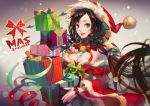  1girl 2014 black_hair box breasts character_request christmas cleavage detached_collar detached_sleeves gift gift_box green_eyes hat lamier lips long_hair nose parted_lips santa_costume santa_hat smile solo wide_sleeves 
