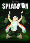  1girl absurdres arms_up bike_shorts blunt-katana highres inkling kneeling long_hair paint_splatter parody platoon pointy_ears splatoon tentacle_hair 